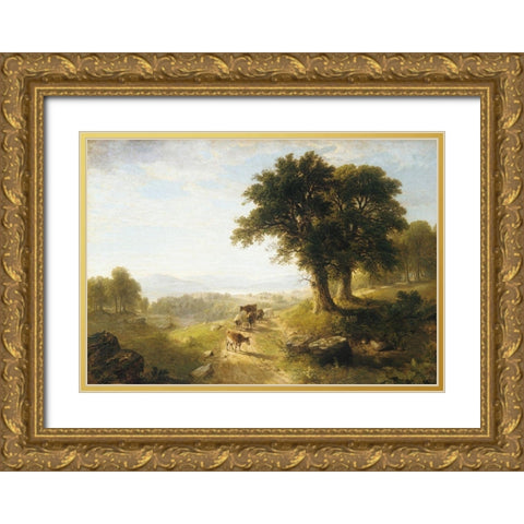 River Scene Gold Ornate Wood Framed Art Print with Double Matting by Durand, Asher Brown