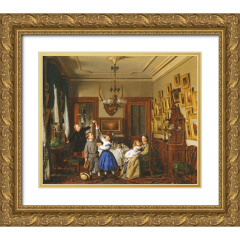 The Contest for the Bouquet: The Family of Robert Gordon in Their New York Dining-Room Gold Ornate Wood Framed Art Print with Double Matting by Guy, Seymour Joseph
