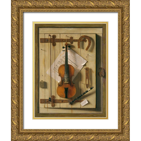 Still Lifeâ€”Violin and Music Gold Ornate Wood Framed Art Print with Double Matting by Harnett, William Michael