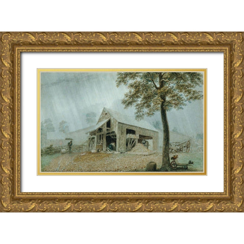Rainstormâ€”Cider Mill at Redding, Connecticut Gold Ornate Wood Framed Art Print with Double Matting by Harvey, George