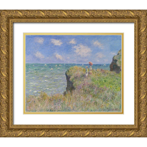 Cliff Walk at Pourville Gold Ornate Wood Framed Art Print with Double Matting by Monet, Claude