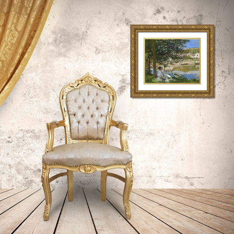 On the Bank of the Seine, Bennecourt Gold Ornate Wood Framed Art Print with Double Matting by Monet, Claude