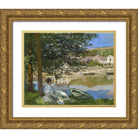 On the Bank of the Seine, Bennecourt Gold Ornate Wood Framed Art Print with Double Matting by Monet, Claude