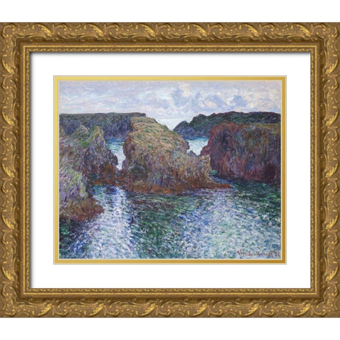Rocks at Port-Goulphar, Belle-ile Gold Ornate Wood Framed Art Print with Double Matting by Monet, Claude
