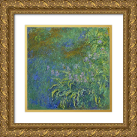 Irises Gold Ornate Wood Framed Art Print with Double Matting by Monet, Claude