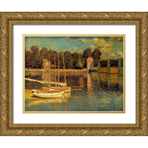 Bridge in Argenteuil Gold Ornate Wood Framed Art Print with Double Matting by Monet, Claude
