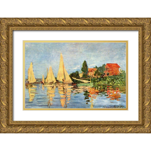 Regatta in Argenteuil Gold Ornate Wood Framed Art Print with Double Matting by Monet, Claude