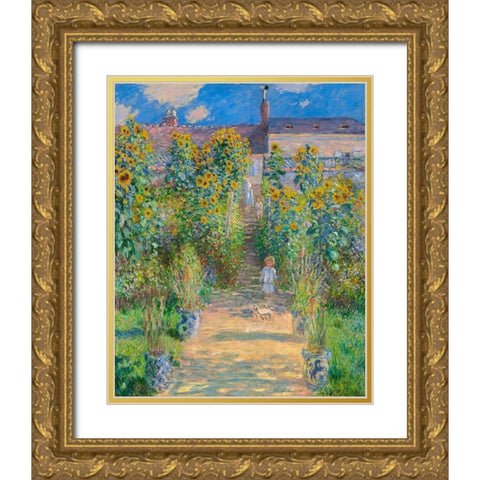 Garden of the artist at Vetheuil Gold Ornate Wood Framed Art Print with Double Matting by Monet, Claude