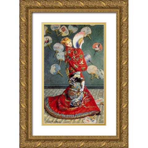 Madame Monet in a Japanese costume Gold Ornate Wood Framed Art Print with Double Matting by Monet, Claude