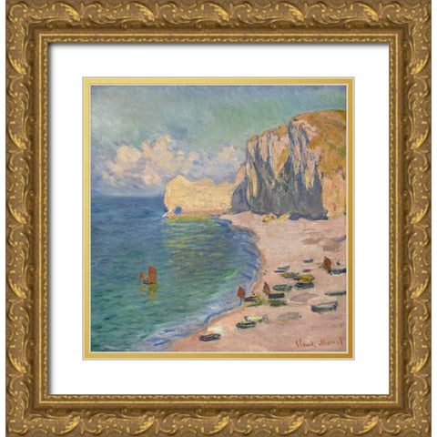 The Beach and the Falaise d Amont Gold Ornate Wood Framed Art Print with Double Matting by Monet, Claude