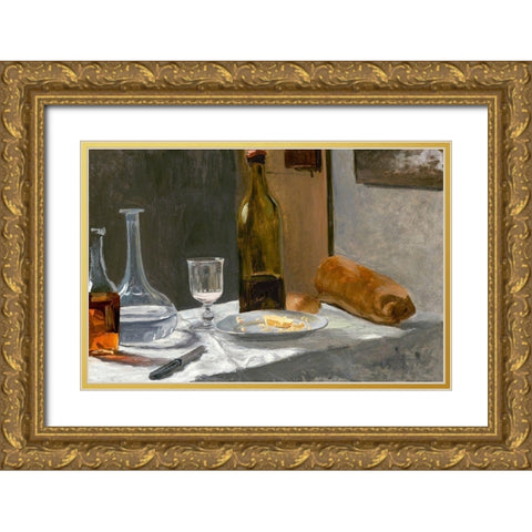 Still Life with Bottle, Carafe, Bread, and Wine Gold Ornate Wood Framed Art Print with Double Matting by Monet, Claude
