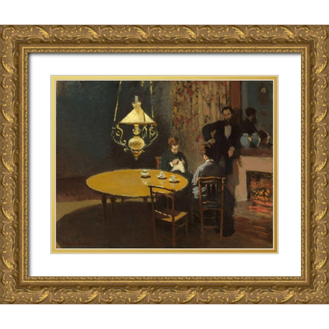 Interior, after Dinner Gold Ornate Wood Framed Art Print with Double Matting by Monet, Claude
