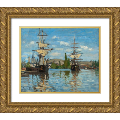 Ships Riding on the Seine at Rouen Gold Ornate Wood Framed Art Print with Double Matting by Monet, Claude