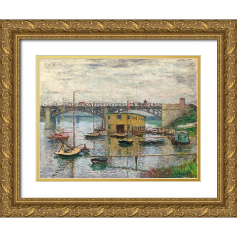 Bridge at Argenteuil on a Gray Day Gold Ornate Wood Framed Art Print with Double Matting by Monet, Claude