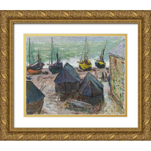 Boats on the Beach at Ã‰tretat Gold Ornate Wood Framed Art Print with Double Matting by Monet, Claude