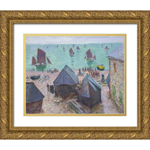 The Departure of the Boats, Ã‰tretat Gold Ornate Wood Framed Art Print with Double Matting by Monet, Claude