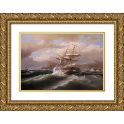 An American Ship in Distress Gold Ornate Wood Framed Art Print with Double Matting by Birch, Thomas