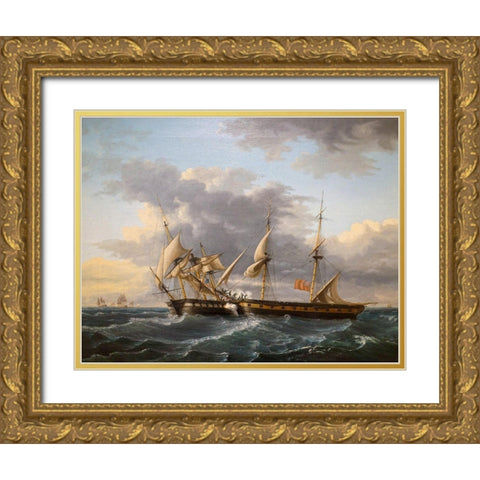USS Wasp and HMS Frolic Gold Ornate Wood Framed Art Print with Double Matting by Birch, Thomas