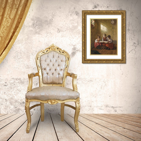 An Exciting Read Gold Ornate Wood Framed Art Print with Double Matting by Firle, Walter