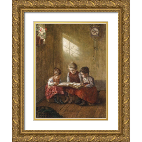 An Exciting Read Gold Ornate Wood Framed Art Print with Double Matting by Firle, Walter