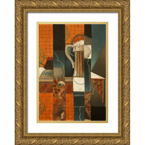 Playing Cards and Glass of Beer Gold Ornate Wood Framed Art Print with Double Matting by Gris, Juan