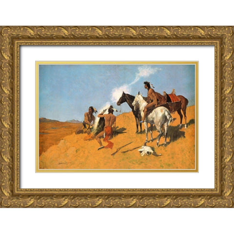 The Smoke Signal Gold Ornate Wood Framed Art Print with Double Matting by Remington, Frederic