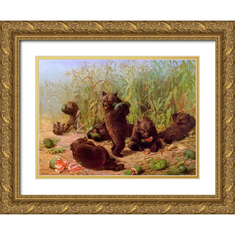 Bears in the Watermelon Patch Gold Ornate Wood Framed Art Print with Double Matting by Beard, William Holbrook