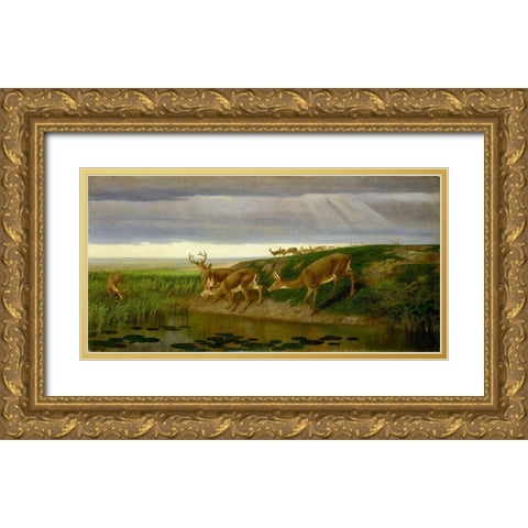 Deer on the Prairie Gold Ornate Wood Framed Art Print with Double Matting by Beard, William Holbrook