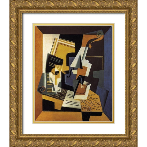 A Violin and Glass Gold Ornate Wood Framed Art Print with Double Matting by Gris, Juan