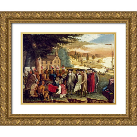 Penns Treaty with the Indians Gold Ornate Wood Framed Art Print with Double Matting by Hicks, Edward
