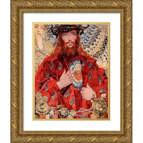 The Sacred Heart of Jesus Gold Ornate Wood Framed Art Print with Double Matting by JÃ³zef Mehoffer
