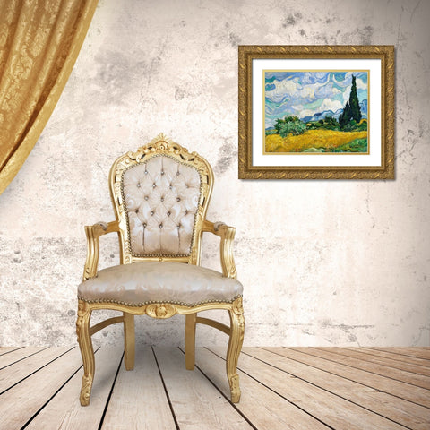 Wheat Field with Cypresses (1889) Gold Ornate Wood Framed Art Print with Double Matting by Van Gogh, Vincent