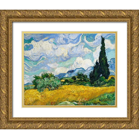 Wheat Field with Cypresses (1889) Gold Ornate Wood Framed Art Print with Double Matting by Van Gogh, Vincent