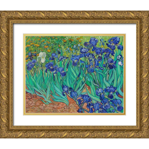 Irises (1889) Gold Ornate Wood Framed Art Print with Double Matting by Van Gogh, Vincent