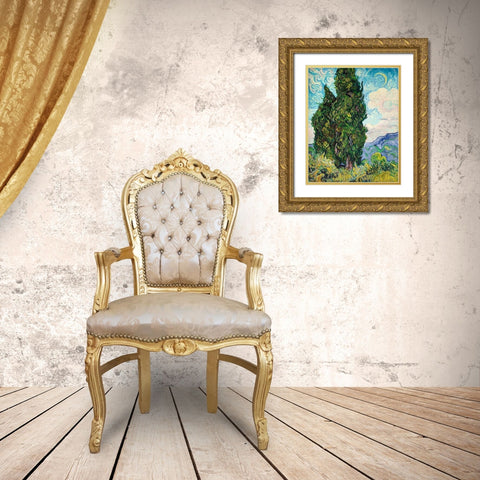 Cypresses (1889) Gold Ornate Wood Framed Art Print with Double Matting by Van Gogh, Vincent