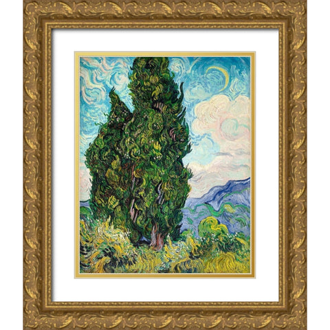 Cypresses (1889) Gold Ornate Wood Framed Art Print with Double Matting by Van Gogh, Vincent