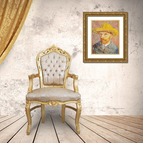 Self-Portrait with a Straw Hat (1887)Â  Gold Ornate Wood Framed Art Print with Double Matting by Van Gogh, Vincent