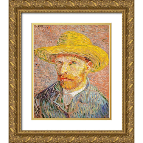 Self-Portrait with a Straw Hat (1887)Â  Gold Ornate Wood Framed Art Print with Double Matting by Van Gogh, Vincent
