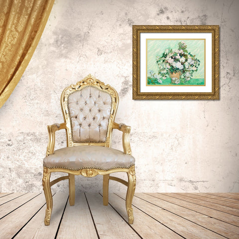Roses (1890) Gold Ornate Wood Framed Art Print with Double Matting by Van Gogh, Vincent