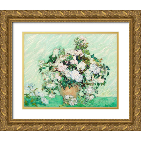 Roses (1890) Gold Ornate Wood Framed Art Print with Double Matting by Van Gogh, Vincent