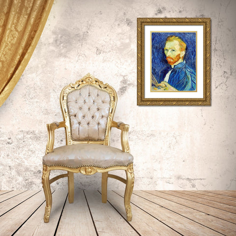 Self-Portrait (1889) Gold Ornate Wood Framed Art Print with Double Matting by Van Gogh, Vincent