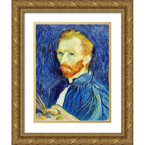 Self-Portrait (1889) Gold Ornate Wood Framed Art Print with Double Matting by Van Gogh, Vincent