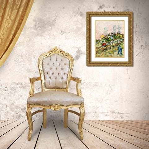 Houses and Figure (1890) Gold Ornate Wood Framed Art Print with Double Matting by Van Gogh, Vincent