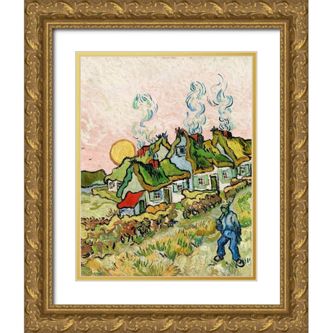 Houses and Figure (1890) Gold Ornate Wood Framed Art Print with Double Matting by Van Gogh, Vincent