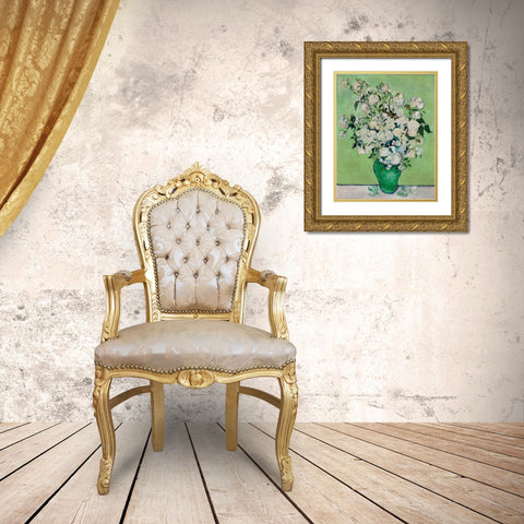 Roses (1890) Gold Ornate Wood Framed Art Print with Double Matting by Van Gogh, Vincent