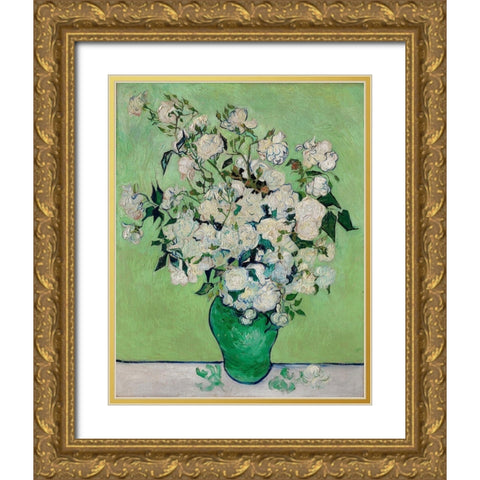 Roses (1890) Gold Ornate Wood Framed Art Print with Double Matting by Van Gogh, Vincent
