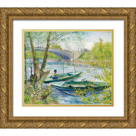 Fishing in Spring, the Pont de Clichy (Asnieres) (1887) Gold Ornate Wood Framed Art Print with Double Matting by Van Gogh, Vincent