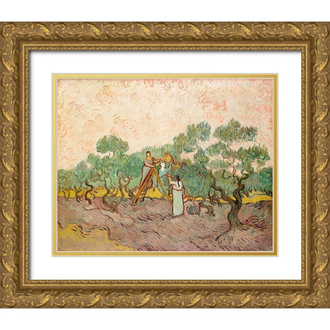 Women Picking Olives (1889) Gold Ornate Wood Framed Art Print with Double Matting by Van Gogh, Vincent