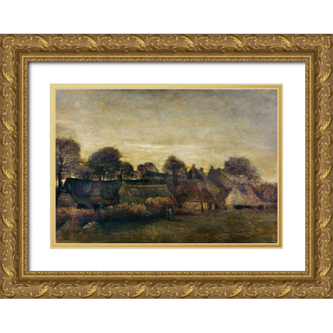 Farming Village at Twilight (1884) Gold Ornate Wood Framed Art Print with Double Matting by Van Gogh, Vincent