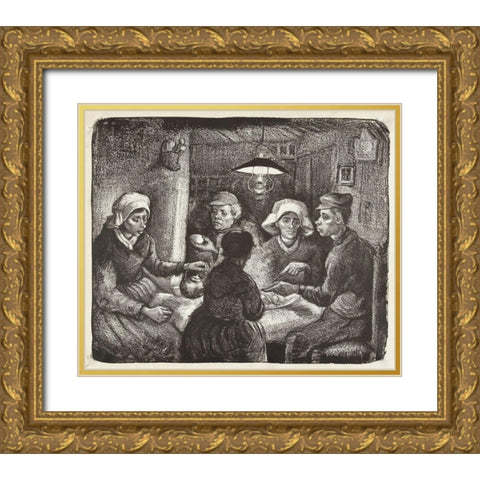 Composition lithograph of The Potato Eaters (De aardappeleters, 1885) Gold Ornate Wood Framed Art Print with Double Matting by Van Gogh, Vincent